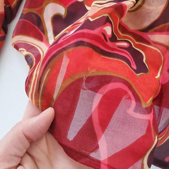 Chico's Shirt Womens 20 Red Multicolor Sheer Long Sleeve Button Cuff Boho Blouse - Picture 5 of 9